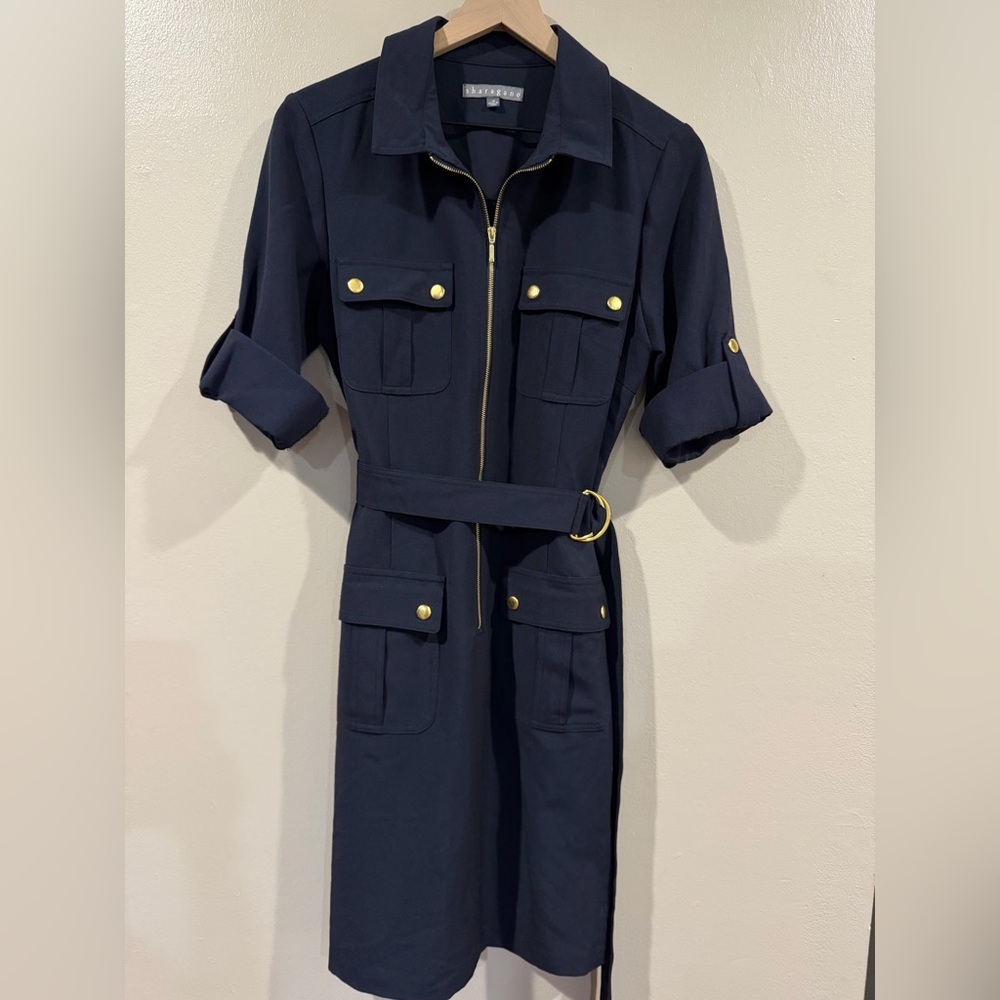 Sharagano Navy Dress with Gold Details (washed but not worn) Size 10 EUC